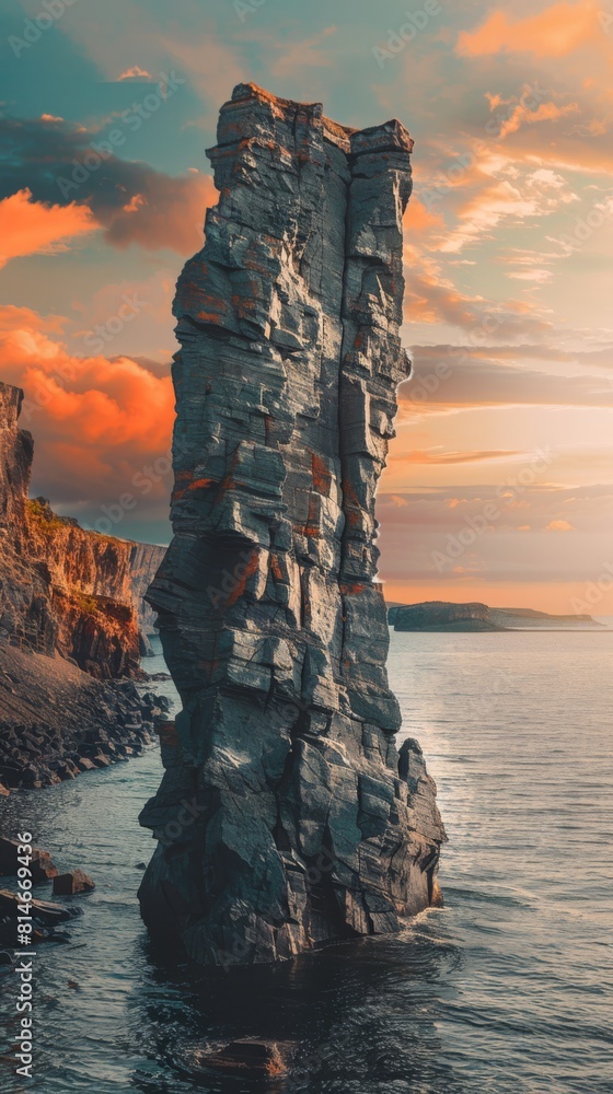 Poster a large rock sits on the shore of a body of water. the sky is cloudy and the sun is setting