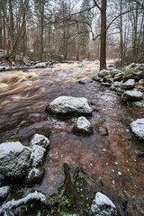 a snow covered stream flows through a wooded area with trees and rocks: Vantaa