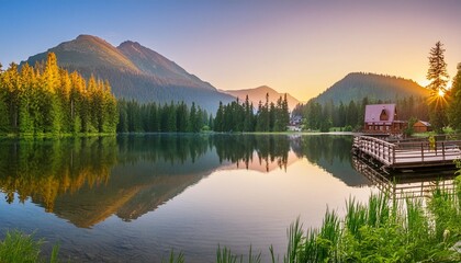 sunset in the mountains at a calm lake a serene mountain lake at sunrise