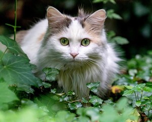 Portrait of a German longhair cat in ivy looking directly into the camera.