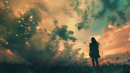 Fototapeta premium The photo shows a lonely girl standing in a field, looking at the starry night sky