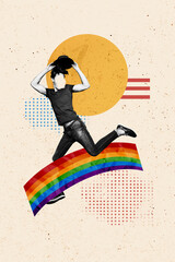 Vertical photo collage of funny man jump rainbow blurred face hold hat lgbt concept gay orientation...