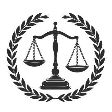 The image shows the scales of justice inside a laurel wreath.