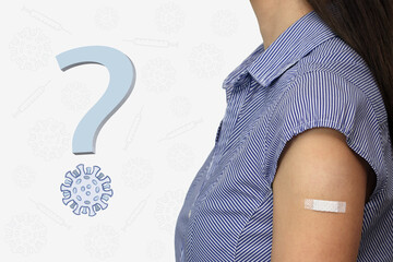 One medical patch on the arm of a young woman. Symbol of vaccination. Virus particles and syringes....