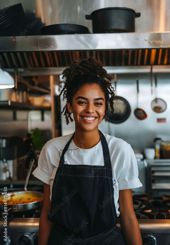 Sticker A smiling woman in a black apron standing in tan kitchen.