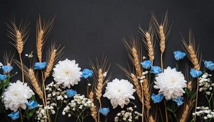 a floral border on black background with white and blue flowers and gold stems generative ai