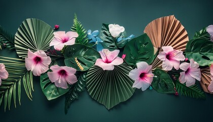 seamless border with beautiful tropical flowers and leaves tropical summer floral design generative ai
