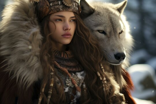 Fierce female warrior poses with a majestic wolf amidst a serene snowy backdrop