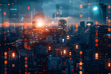 Fototapeta premium Innovative tech environment close up, focus on seamless interfaces, copy space, ensure radiant colors, Double exposure silhouette with a city skyline at night