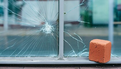 closeup of a shattered store window with a brick nearby