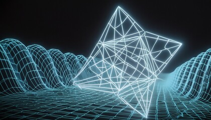 abstract wave made out of grids that are seen from a cinematic view of one of the holy geometry shapes the shape is clearly animated clear neon lines 3d render nothingness