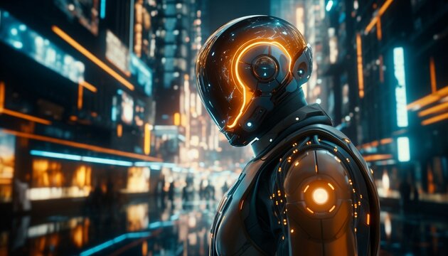 man with robot head or futuristic helmet, in the middle of a urban scene, sci-fi, cinematic
