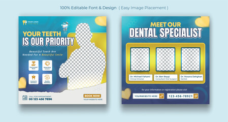 Medical dental healthcare service social media post template design. Hospital, doctor, clinic and dentist health business marketing banner with logo & icon. Creative online promotion corporate flyer &