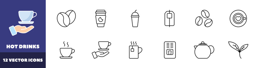 Hot drinks icons set. Coffee icons. Linear style. Vector icons