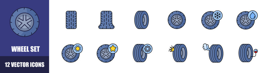 Wheel icons set. Flat style. Vector icons