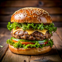 Delicious bacon cheeseburger with beef, tomato, onion, and crisp lettuce on a dark backdrop.