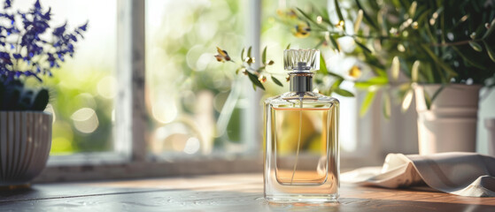 Fototapeta premium Elegant perfume bottle on a serene windowsill evokes allure amid morning tranquility.