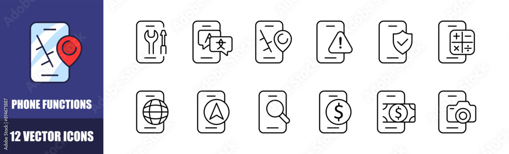 Poster phone functions icons set. linear style. vector icons