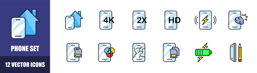 Phone icons set. Flat style. Vector icons