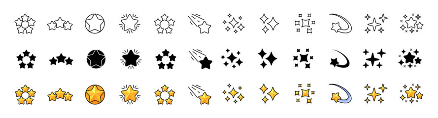 Stars icons collection. Linear, silhouette and flat style. Vector icons