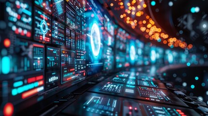 Futuristic control room close up, focus on interactive panels, copy space, ensure colorful hues, Double exposure silhouette with a satellite orbit