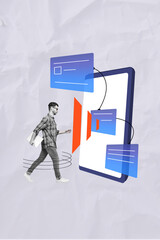 Vertical collage picture young man walk digital device tablet web interface modern technology manager employee drawing background