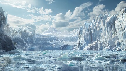 A vast collection of icebergs ranging in size and shape drift over the waters surface. The ice structures stand out starkly against the blue expanse of water, creating a striking and powerful scene in