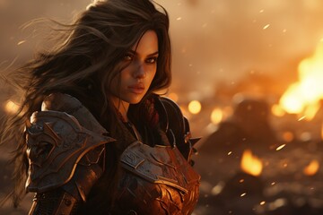 Determined female warrior with intense gaze amidst a fiery battlefield at sunset