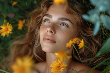 Fototapeta premium A young woman with freckles lies among yellow flowers, her gaze upward, embodying serenity and natural beauty