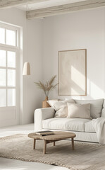 Tranquil minimalist living room with a simple layout and muted color palette, ideal for focusing on advertised products or messages.
