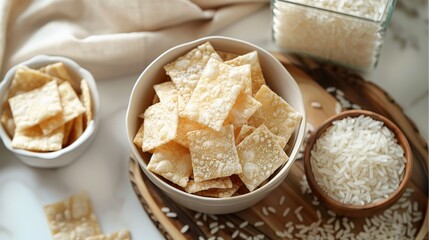 Fototapeta premium Square Brown Rice Chips. top view. Generative AI.