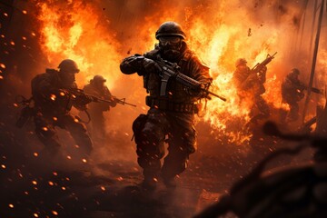 Soldiers advance through explosive battlefield engulfed in flames and smoke
