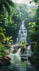A painting depicting a majestic waterfall cascading down rocks surrounded by lush green jungle vegetation. The water flows with force, creating a serene and natural scene in the wilderness.