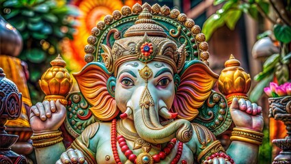 Naklejka premium Ganesha Statue: In Hinduism, Ganesha is the elephant-headed god of beginnings, success, and wisdom. Statues of Ganesha are often kept in homes and businesses to bring good luck and remove obstacles.