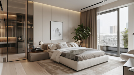 Interior design in modern cream style, bedroom with large floor-to-ceiling windows and fashionable furniture, flooded with natural light.

