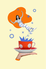 Trend artwork composite sketch image 3D photo collage of cup drink tea coffee beverage morning wake up young lady fall down smell aroma