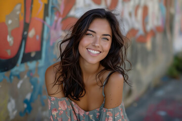 Fototapeta premium A smiling woman leaning against a wall with graffiti.