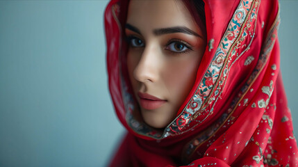 A woman in red scarf with blue eyes.