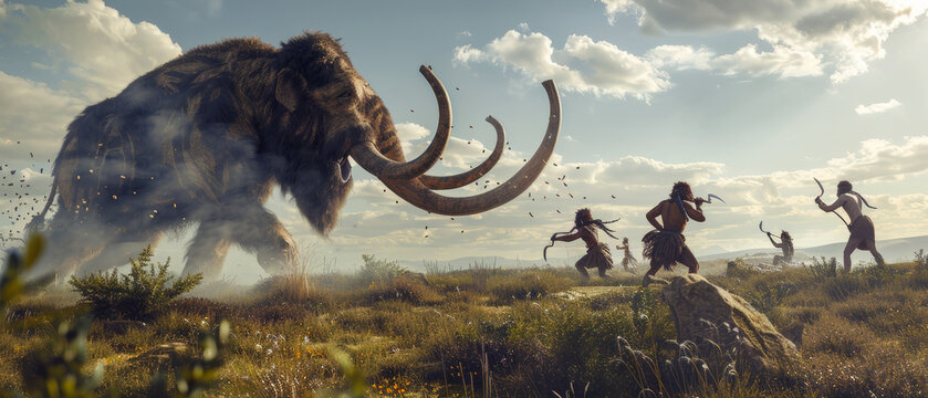 Prehistoric hunters challenging a mammoth in a grassy landscape.