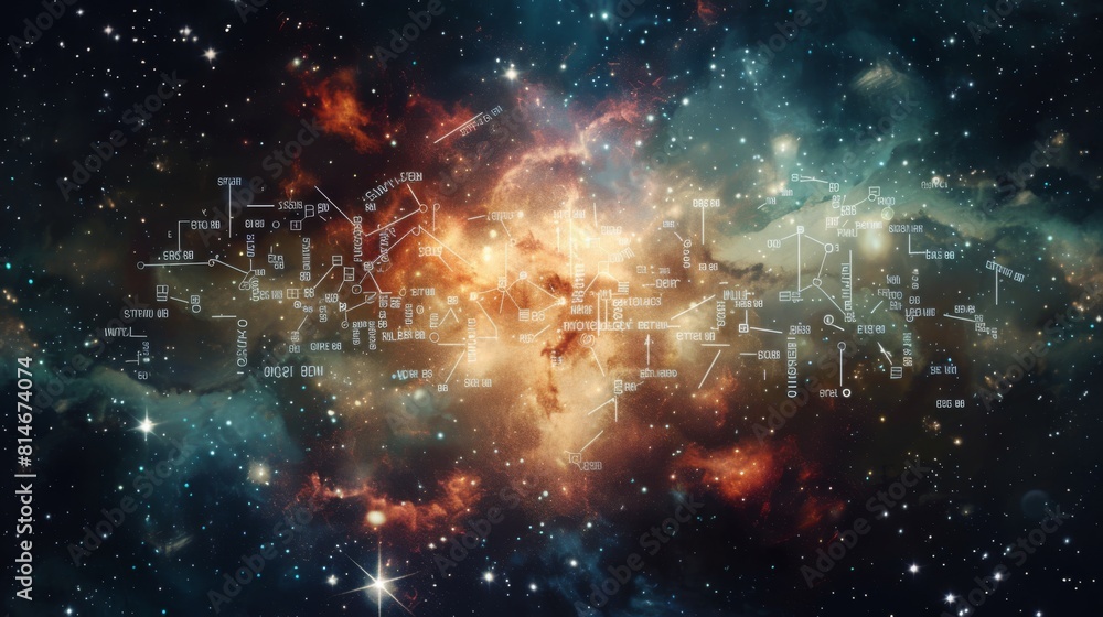 Poster a vast cosmic space displaying an abundance of stars and swirling dust particles, creating a mesmeri