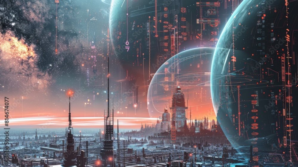 Poster a futuristic cityscape with a large building in the center. the sky is filled with stars and the cit