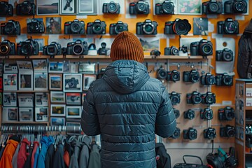 Fototapeta premium Absorbed by an extensive display, a photography enthusiast is considering his options in a camera shop
