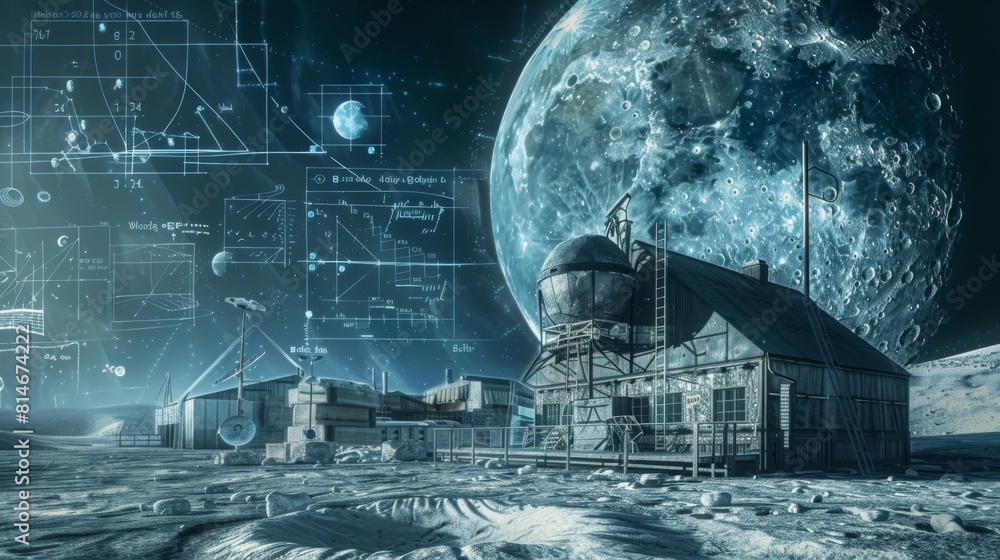 Poster a computer-generated depiction of a futuristic space station located on the surface of the moon. the