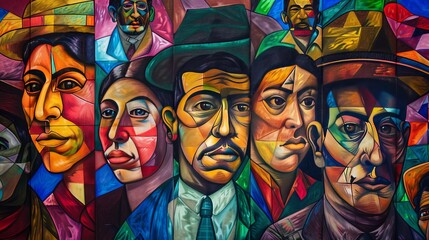 Vibrant mural of diverse cultural figures with expressive faces in a detailed painting