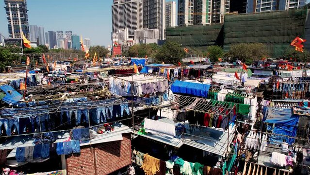 Dhobi ghat slums Mumbai, India, laundry area, Aerial view. The washers, known as dhobis, work in the open to clean clothes and linens from Mumbai's hotels and hospitals