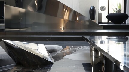 Angular furniture, sleek metallic surfaces, reflecting starlight ambiance.