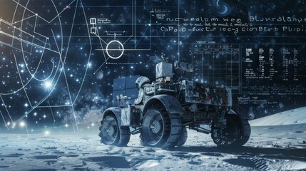 A realistic model of a lunar rover is showcased against a digitally created backdrop that simulates the moons surface. The scene, set at nighttime, features the rover equipped with various instruments