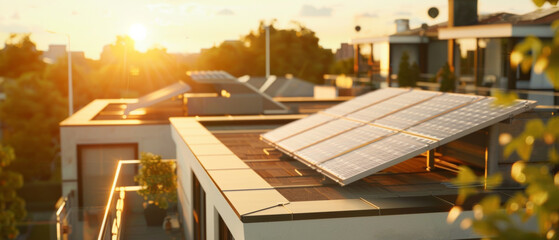Solar panels on rooftops at dusk, emblematic of sustainable energy in a residential area.