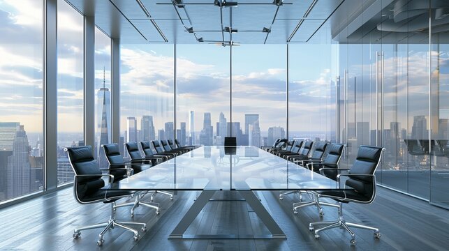 A realistic stock photo of a modern boardroom with a large window offering a view of the city skyline. The room is empty, with a conference table and chairs neatly arranged.
