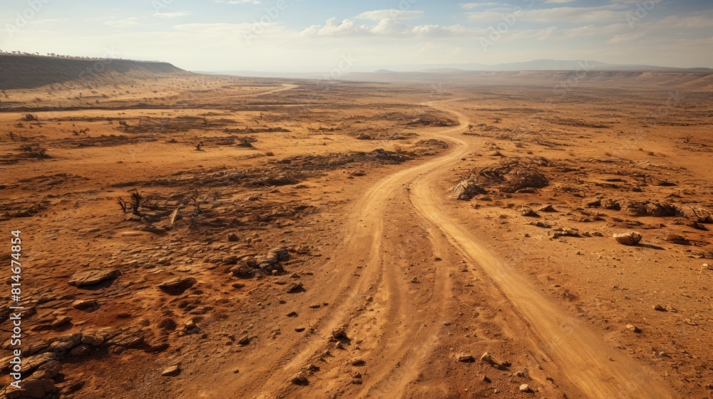 Poster generative ai aerial perspective of remote desert road ::1 visual presenting a top view of a vacant 